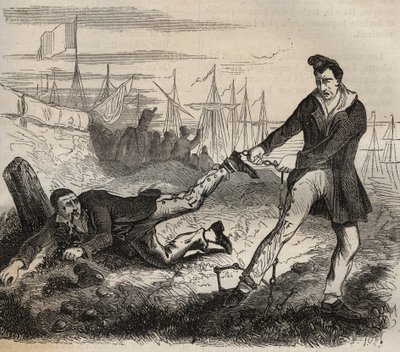 The biggest torment of the forcate is to be a mismate. Fight between two prisoners connected by the same chain. Bagne de Rochefort in the 19th century. Engraving in 