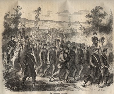 The chain started at the Toulon Bagne in the 19th century. Engraving in Histoire des bagnes depuis leur création à nos jours (1877) by Pierre Zaccone. Private collection. by Anonymous Anonymous
