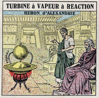 The steam machine: a reaction steam turbine. Eolipyle invented by the Greek Heron of Alexandria (or Heron The Elder) in the 1st century AD by Anonymous Anonymous