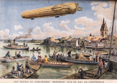 The tests of the Zeppelin airship on Lake Constance in Germany. Engraving from the newspaper Le Petit Parisien, on 2/08/1908. Private collection. by Anonymous Anonymous