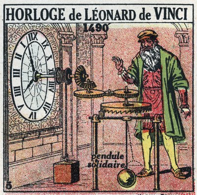 Time: weight clock invented by Leonardo da Vinci in 1490. It replaces the leaflet with a vertical balance. Anonymous illustration from 1925. Private collection. by Anonymous Anonymous