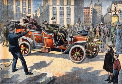 Unusual US police methods for arresting drivers committing speed excites while driving their cars. Engraving from the newspaper Le Petit Parisien, on 31/05/1908. Private collection. by Anonymous Anonymous