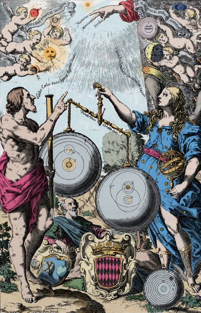 Urania, the Muse of Astronomy represented in front of Argus, holding a telescope. They weigh and compare the system of Copernicus and that of Jesuite Giovanni Riccioli inspired from that of Tycho Brahe by Anonymous Anonymous