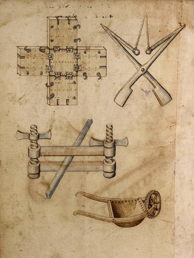Various Engineering Objects, Including a Wheelbarrow - Manuscript: Parchment Sheet of an Engineer