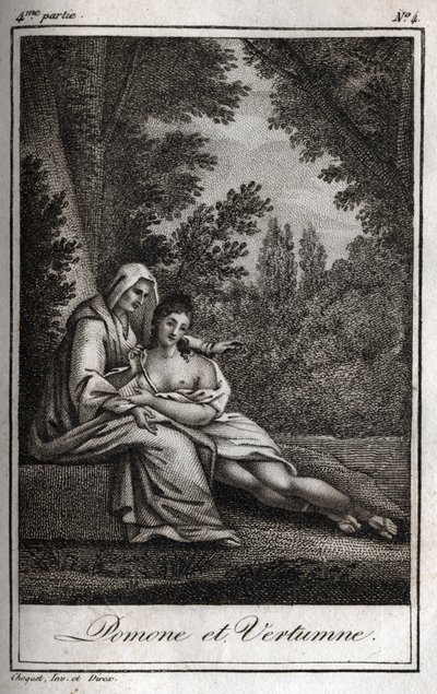 Vertumne and Pomone: Vertumne, in love with the nymph Pomone, disguises herself as an old woman to approach her. Engraving from 1819 in 