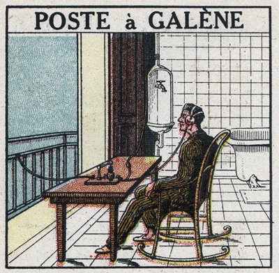 Wireless telephony: radio set in galene. Anonymous illustration of 1925. Private collection. by Anonymous Anonymous