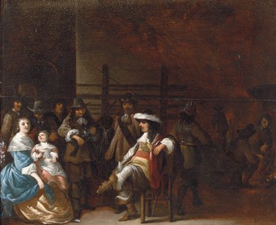 A guardroom interior with a cavalier conversing with a mother and child by Anthonie Palamedesz