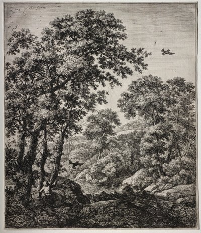 Six large upright landscapes with scenes from the Old Testament: Elijah Fed by the Ravens by Anthonie Waterloo