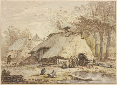 Three Huts beneath Trees, with Three Sitting Ducks in the Foreground by Anthonie van Borssom