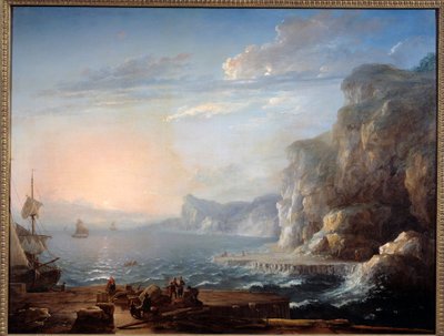 Sunset A landscape of cliffs and rocks on the sea, with fishermen in the foreground by Antoine Lebel