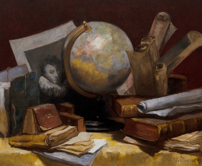 Still life with a map of the world, books and parchments by Antoine Vollon