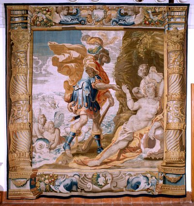 Flemish tapestry. Series Story of Theseus. Theseus receives Minos’ ring from Amphitrite. Fifth tapestry in the series. Model Anthonis Sallaert. Manufacture Jan Raes the Younger, Brussels. Ca 1630 by Antoine or Anthonis Sallaert