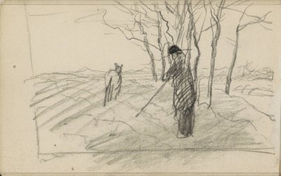 Standing Man with a Stick and an Animal on a Ploughed Field by Anton Mauve