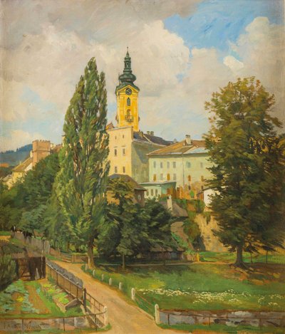 Motif from Freistadt with Defense Tower and Church by Anton Nowak