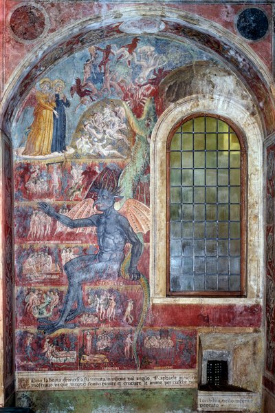 Representation of hell, the devil sits among the different circles of damns by Antoniazzo Romano