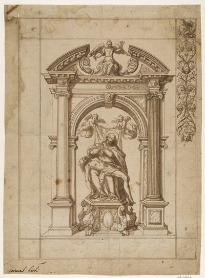 Design for a Processional Banner with a Pietà Under an Elaborate Altar Architecture in the Form of a Triumphal Arch and Part of the Border Design at Upper Right by Antonio Aliense
