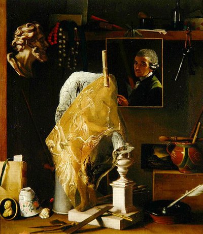 Still Life of Objects with Self Portrait by Antonio Cioci or Ciocchi