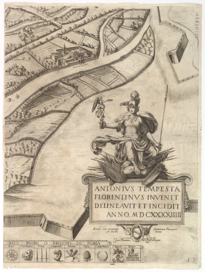 Plan of the City of Rome. Part 12 with the Southwestern Border of the City and a Large Car, 1645 by Antonio Tempesta