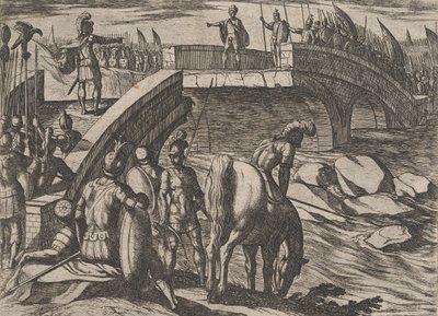 Plate 36: Civilis and Cerialis Meet on a Broken Bridge to Reach an Accord, from The War of... by Antonio Tempesta