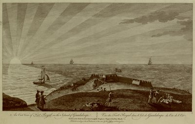 A group of soldiers rest on top of a hill in the foreground, with Fort Royal beyond, sailing ships and the sun setting in the sea in the background by Archibald (after) Campbell