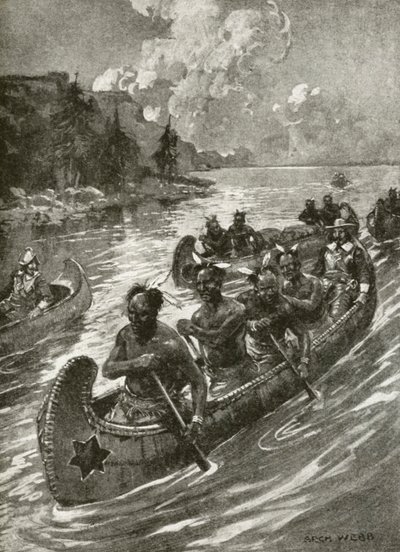 Samuel De Champlain in 1608 ascending the St Lawrence river in the canoes of friendly native American Indians by Archibald Bertram (after) Webb
