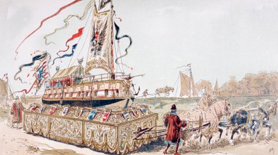 A Royal Barge Being Pulled on a Wagon by Horses to a Canal in the 16th Century by Armand Jean Heins