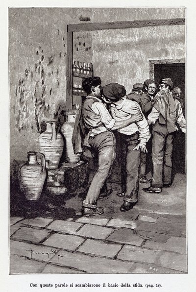 Invitation to the Sicilian duel by the mortal kiss, actually a bite in the ear. Illustration by Arnaldo Ferraguti for the new Cavalleria Rusticana by Giovanni Verga. 1897 by Arnaldo Ferraguti