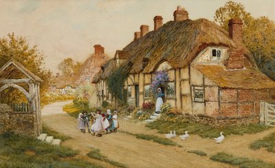 Children Playing Outside a Cottage in a Village by Arthur Claude Strachan