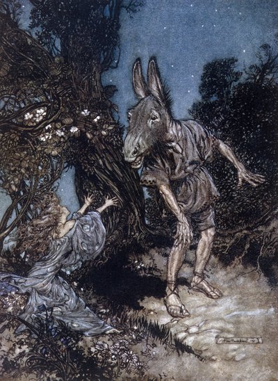 Bottom the donkey-headed man and Titania the queen of fairies. Illustration by Arthur Rackham for The Dream of a Summer Night by William Shakespeare by Arthur Rackham