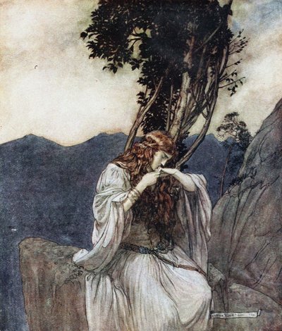 Brünnhilde Kisses the Ring that Siegfried has Left with Her. Illustration for Siegfried and The Twilight of the Gods by Arthur Rackham