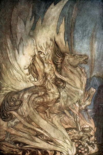 Brunnhilde on Grane leaps on to the funeral pyre of Siegfried, 1924 by Arthur Rackham