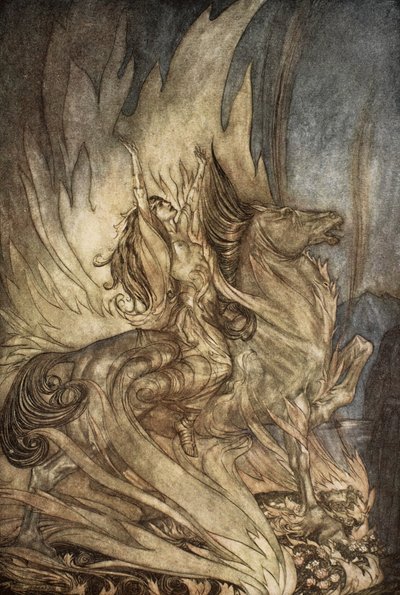 Brunnhilde on Grane leaps on to the funeral pyre of Siegfried, illustration from 