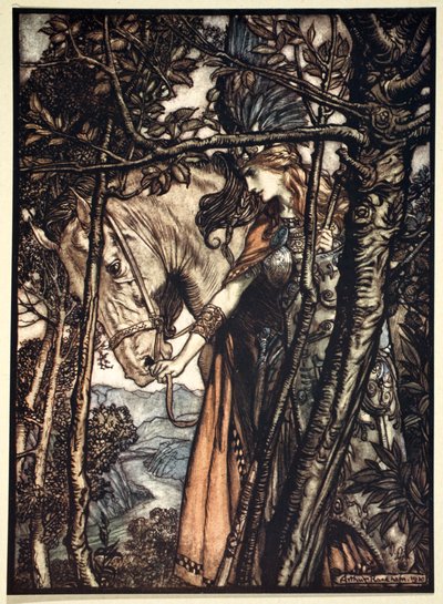 Brunnhilde slowly and silently leads her horse down the path to the cave by Arthur Rackham