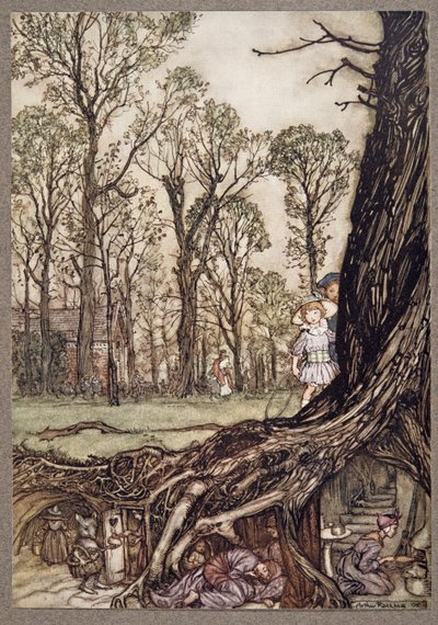 Fairies are all more or less in hiding until dusk, from Peter Pan in Kensington Gardens by J.M. Barrie, pub. 1906 by Arthur Rackham