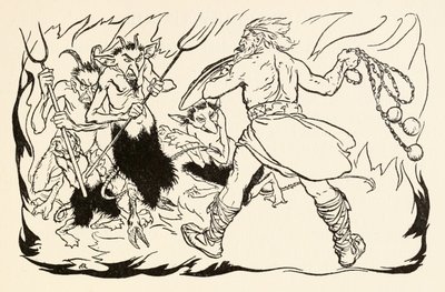 Goll mac Morna assaulting hell to rescue Fionn and the Fianna-Finn, from The Little Brawl at Allen in Irish Fairy Tales by Arthur Rackham