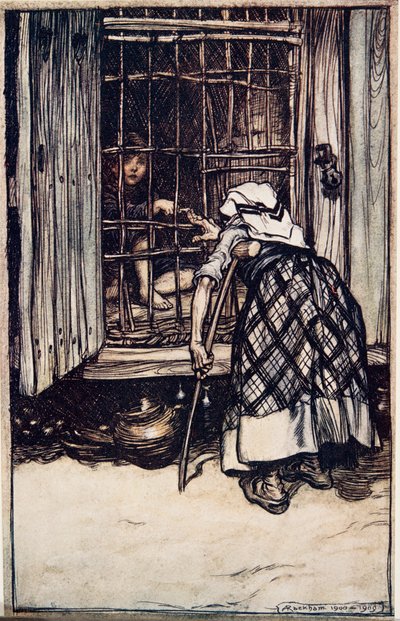 Hansel put out a knuckle-bone, and the old Woman, whose eyes were dim, could not see, and thought it was his finger, and she was much astonished that he did not get fat by Arthur Rackham