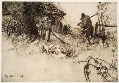 He found the house gone to decay. My very dog, sighed poor Rip, has forgotten me, from Rip Van Winkle by Washington Irving by Arthur Rackham