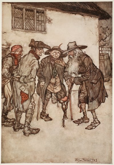 He soon found many of his former cronies, though all rather the worse for the wear and tear of time., from Rip Van Winkle by Washington Irving, pub. 1910 by Arthur Rackham