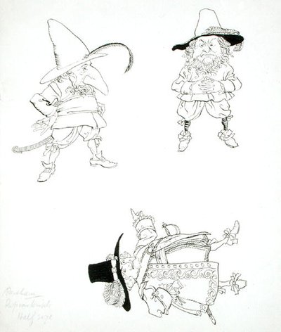 He was a stout old gentleman, with a weatherbeaten countenance; he wore a laced doublet, broad belt and hanger, high-crowned hat and feather, red stockings and high-heeled shoes, illustration from 