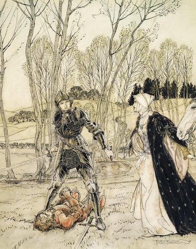 How Beaumains Defeated the Red Knight, and Always the Damosel Spake Many Foul Words unto Him by Arthur Rackham