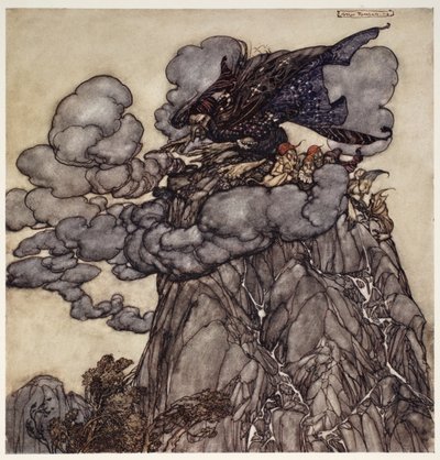 If displeased, she would brew up clouds black as ink, sitting in the midst of them like a bottle-bellied spider in the midst of its web; when these clouds broke, woe betide the valleys!, from Rip Van Winkle by Arthur Rackham
