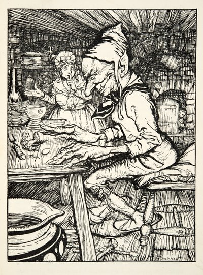Lay!, roared the giant and then the hen laid immediately an egg of solid gold, from The Arthur Rackham Fairy Book by Arthur Rackham