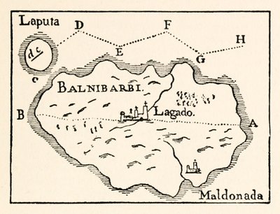 Map of Laputa (flying island top right) and Balnibarbii (main port Maldonada) from Part III: A Voyage to Laputa, Balnibarbi, Luggnagg, Glubbdubdrib, and Japan in Gulliver