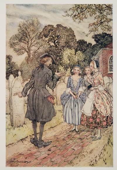 Reciting for their amusement all the Epitaphs on the Tombstones, from The Legend of Sleepy Hollow by Washington Irving, pub. 1928 by Arthur Rackham