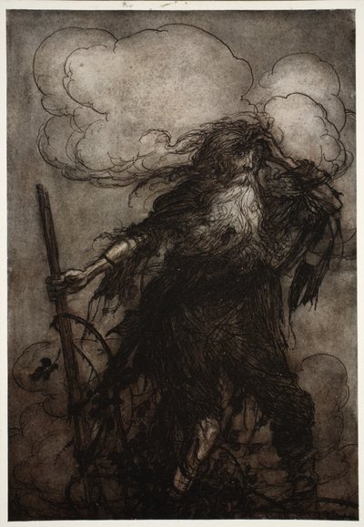 Rip wakes up. Surely, though he, I have not slept here all night? Oh! That flagon! That wicked flagon! What excuse shall I make to Dame Van Winkle? from Rip Van Winkle by Washington Irving by Arthur Rackham