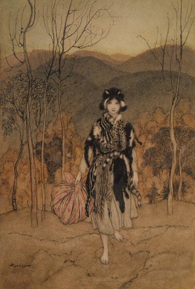 She went along, and went along, and went along dressed in catskin (illustration from English Fairy Tales retold by F.A. Steel, published 1918) by Arthur Rackham