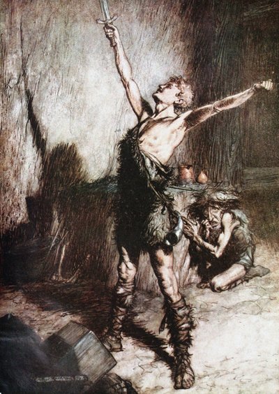 Siegfried Forges His Sword. Illustration for Siegfried and The Twilight of the Gods by Richard Wagner by Arthur Rackham