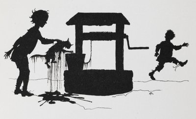 Silhouette of a boy pulling a cat out of a well by Arthur Rackham