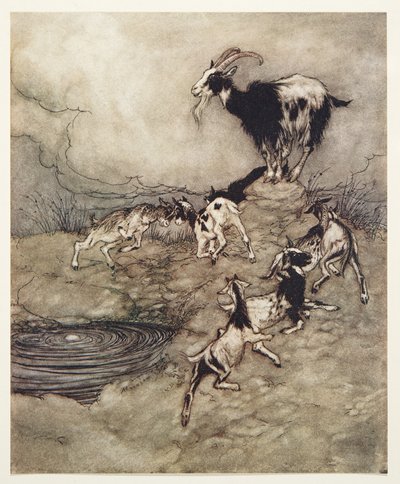 The Seven Kids and their mother capered and danced round the spring in their joy by Arthur Rackham