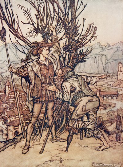 The young Prince said I am not afraid; I am determined to go and look upon the lovely Briar Rose by Arthur Rackham
